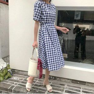 ***FREE SHIPPING*** KOREAN BRAND TIE WAIST NAVY CHECK A-LINE MIDI DRESS